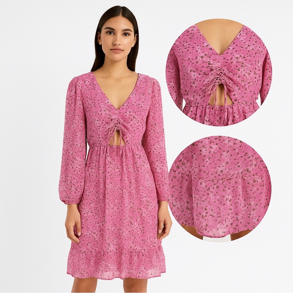 Pink Floral Dress Womens Medium Cutout Long sleeve‎ cottagecore Boho Prairie